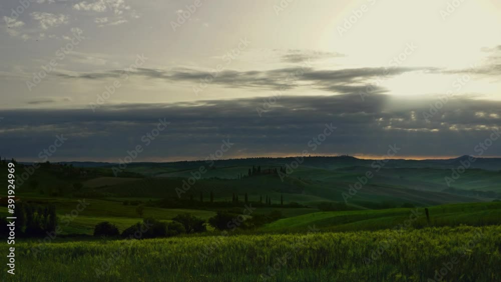 Tuscany landscape at sunrise with farm house and hills, Italy, panorama timelapse 4k Tuscany landscape at sunrise with farm house and hills, Italy, panorama timelapse 4k
