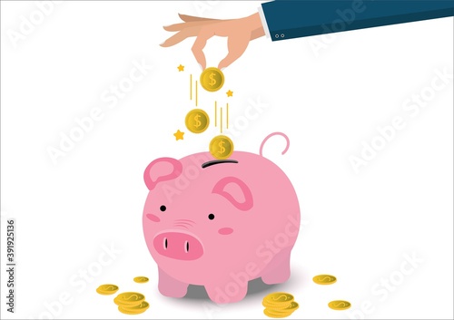 Saving  money. A hand putting coins in bottle on blue background. The coins in the bottle for save money.investment,bank,finance,Photo financial saving and Saving . 