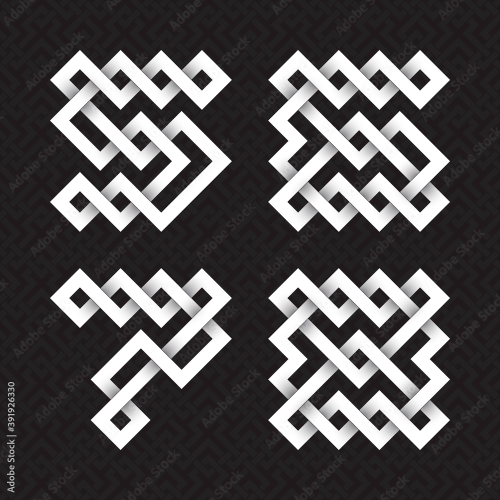 Font of interwoven strips. Five, six, seven, eight white relief figures on a black patterned background.