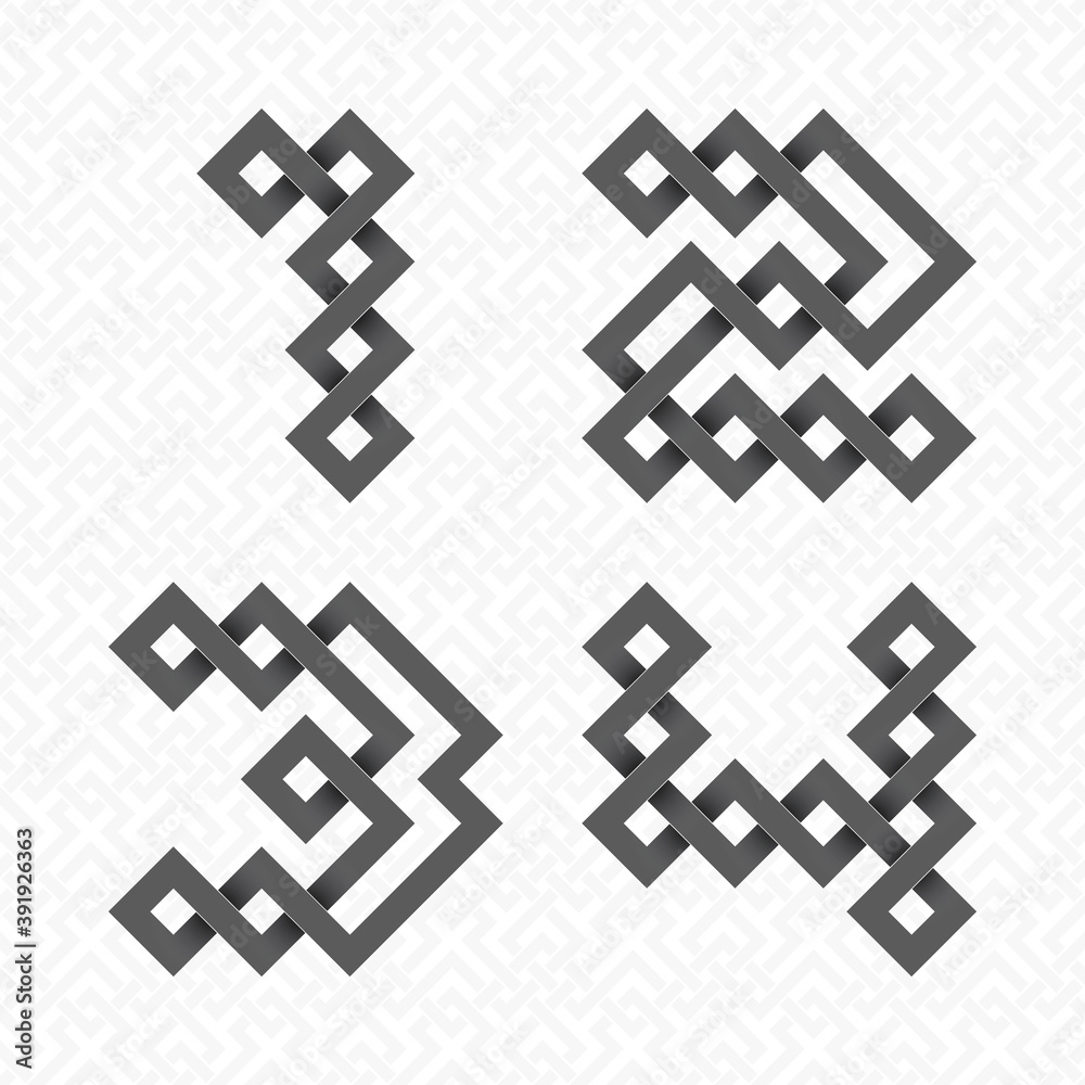 Font of interwoven strips. One, two, three, four black relief figures on a white patterned background. Font of interwoven strips. One, two, three, four black relief figures on a white patterned background.