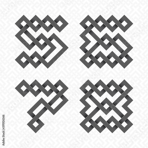 Font of interwoven strips. Five, six, seven, eight black relief figures on a white patterned background.