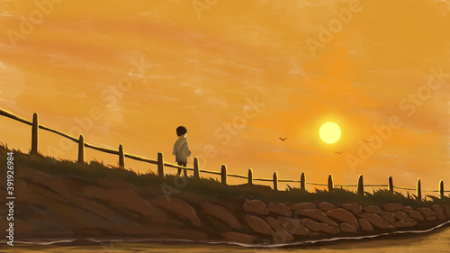 Little boy walking outdoors in the sunset, illustration background, illustration rendering