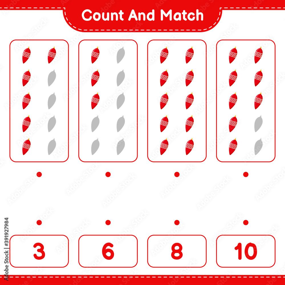 Count and match, count the number of Christmas Lights and match with right numbers. Educational children game, printable worksheet, vector illustration Count and match, count the number of Christmas Lights and match with right numbers. Educational children game, printable worksheet, vector illustration