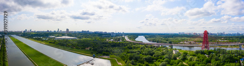 Panoramic view of Moscow on a sunny day  Russia. Picturesque region in the north-west of Moscow city. Zhivopisny bridge across the Moscow river.