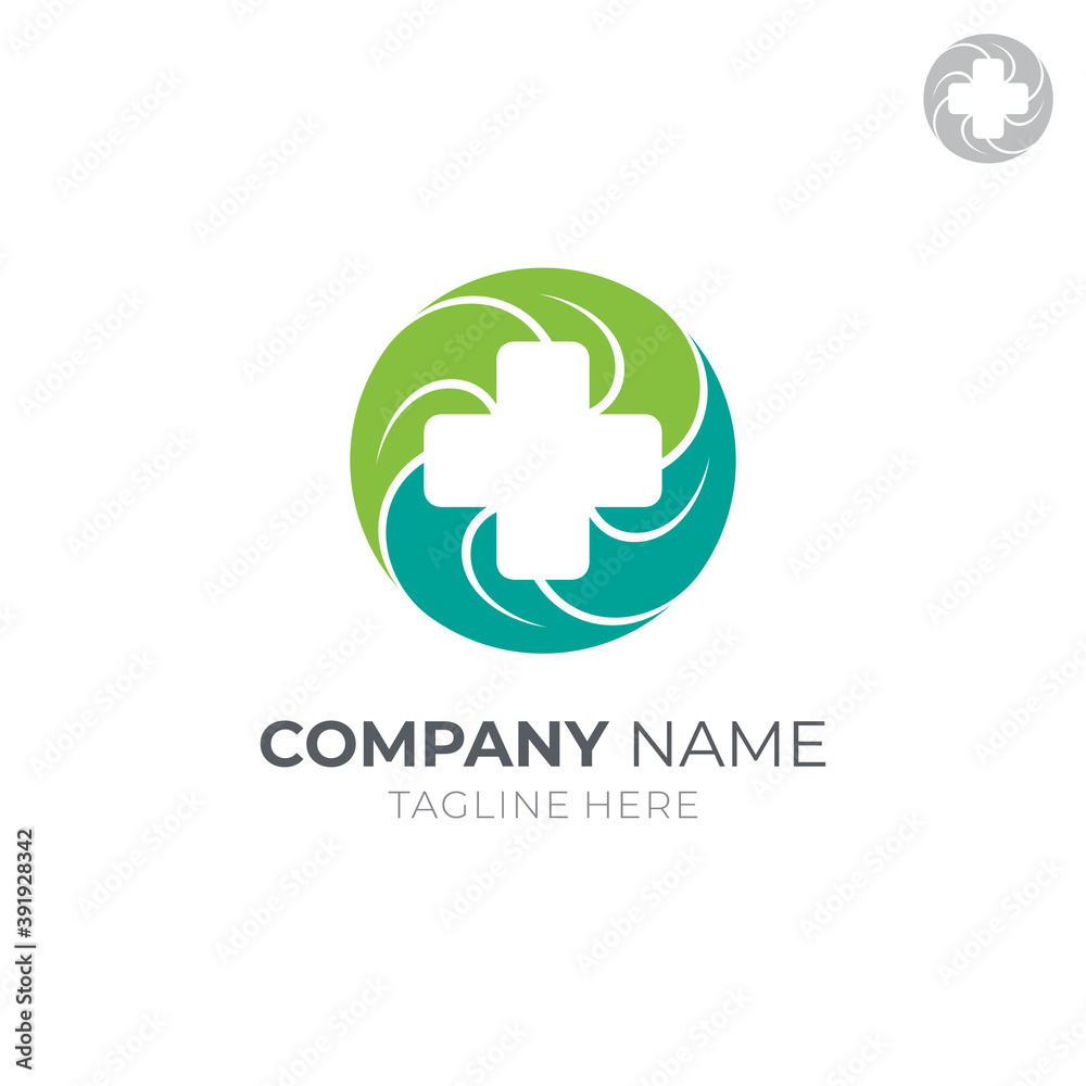 Obraz premium Medical cross leaf logo concept, circle emblem style, green color, suitable for hospital, healthy, clinical, herbal product label, wellness, etc