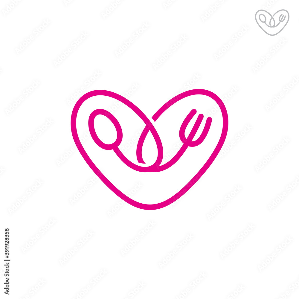 Love food logo, heart shape with spoon and fork, simple minimalist line art logo style Love food logo, heart shape with spoon and fork, simple minimalist line art logo style