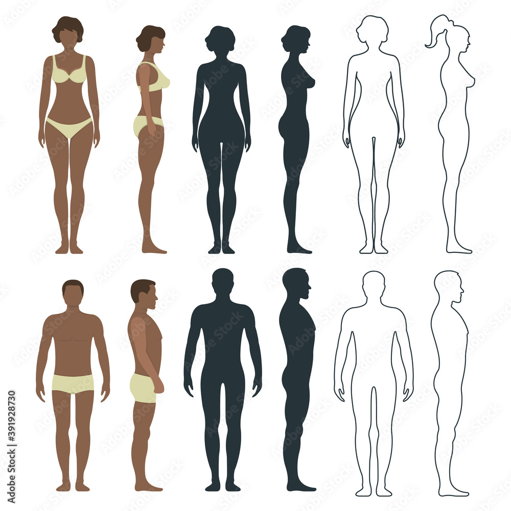 Black male and female anatomy human character, people dummy front and view side body silhouette, isolated on white, flat vector illustration. Black male and female anatomy human character, people dummy front and view side body silhouette, isolated on white, flat vector illustration.