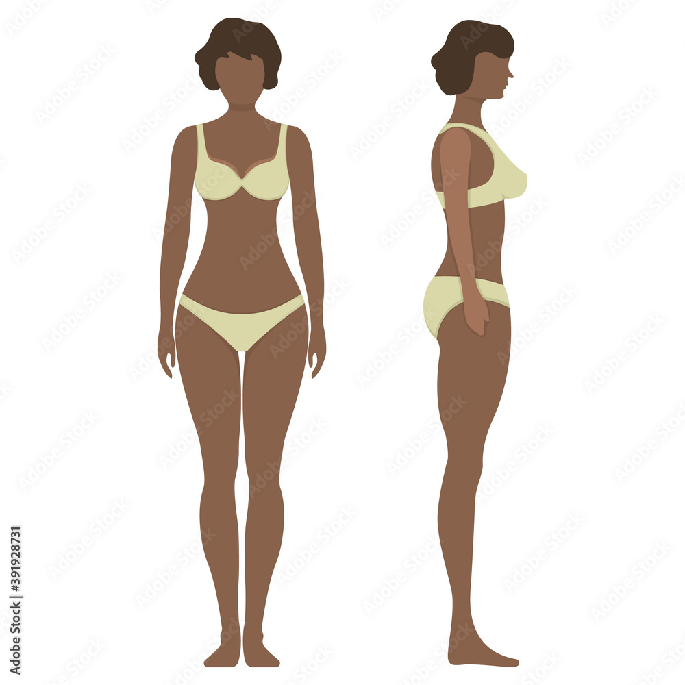 Black female anatomy human character, people dummy front and view side body silhouette, isolated on white, flat vector illustration. Black female anatomy human character, people dummy front and view side body silhouette, isolated on white, flat vector illustration.