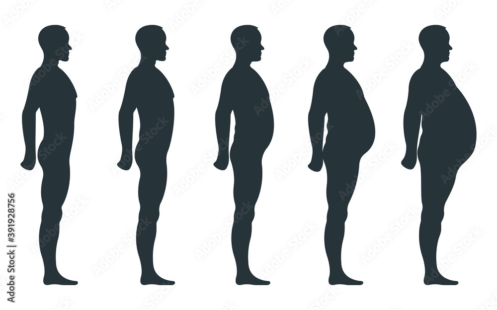 Black view side body silhouette, fat extra weight male anatomy human character, people dummy isolated on white, flat vector illustration. Unhealthy lifestyle.