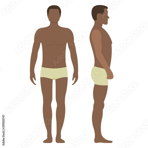 Black male anatomy human character, people dummy front and view side body silhouette, isolated on white, flat vector illustration.