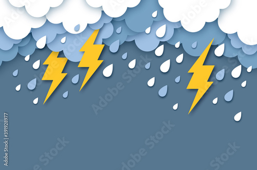 Rain Clouds and Lightening Bolt. Paper cut weather. Storm time. Rain drops and thunder.
