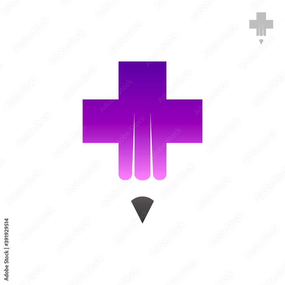 Obraz premium Creativity clinic logo concept, pencil combination medical cross, simple flat gradient purple color logo style