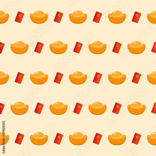 Chinese New Year, continuous seamless background of gold ingots and red envelopes, cartoon comic vector illustration
