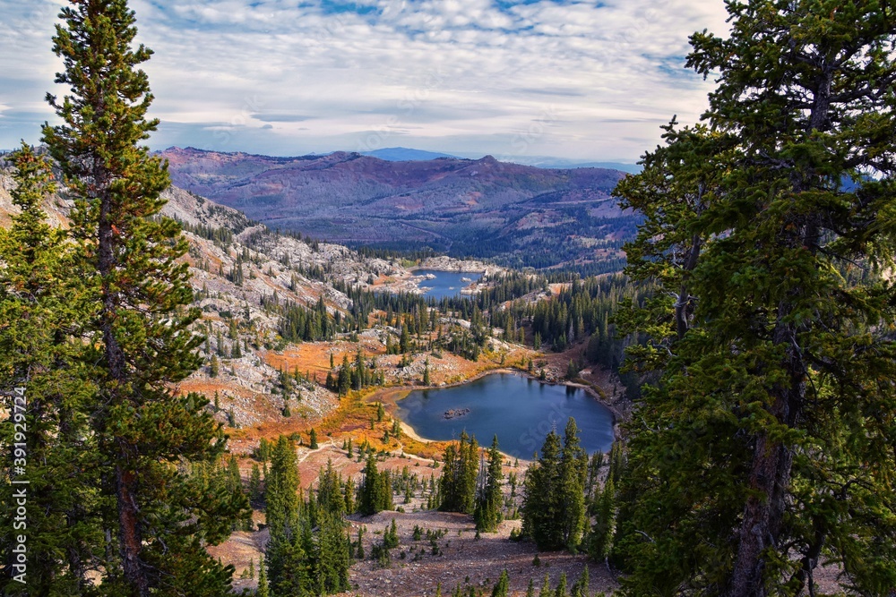 Lake Mary Marth Catherine panorama views from hiking trail to Sunset Peak on the Great Western Trail by Brighton Resort. Rocky Mountains, Wasatch Front, Utah. United States. Lake Mary Marth Catherine panorama views from hiking trail to Sunset Peak on the Great Western Trail by Brighton Resort. Rocky Mountains, Wasatch Front, Utah. United States.