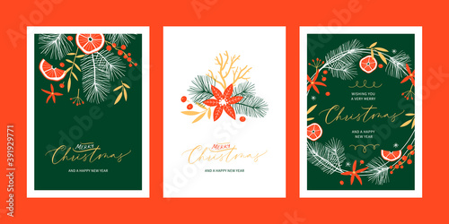 Set of Christmas floral greeting card templates with handwritten calligraphy. Trendy vintage style. Vector illustration