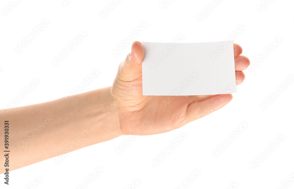 Fototapeta premium Woman holding gift card on white background, closeup