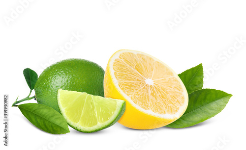 Fresh limes, lemon and green leaves on white background