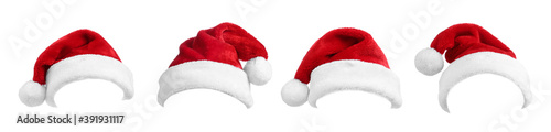 Set of red Santa hats on white background. Banner design