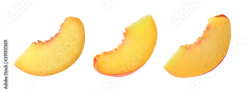 Three juicy peach slices on white background, banner design