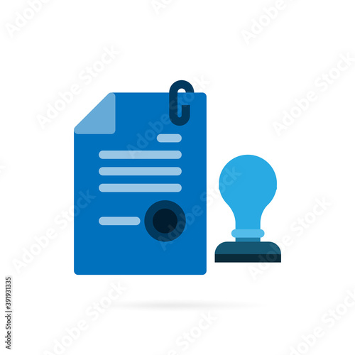 Paper sheet with stamp icon. Office document and agreement stamp sign and symbol on white background. Vector.