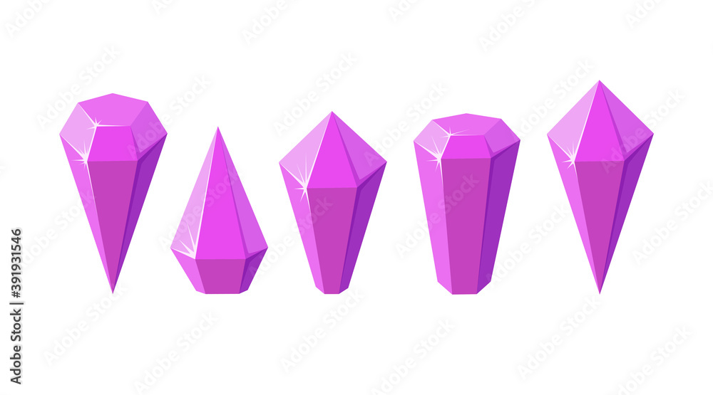 Pink crystal stones like amethyst quartz. Set of geometric gems or glass crystals for games and other designs. Vector illustration in cartoon style Pink crystal stones like amethyst quartz. Set of geometric gems or glass crystals for games and other designs. Vector illustration in cartoon style