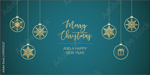 Weihnachtsdesign für Grußkarten, türkis mit goldenen Schneekristallen als Baumschmuck, Vektor Banner, Wallpaper  photo