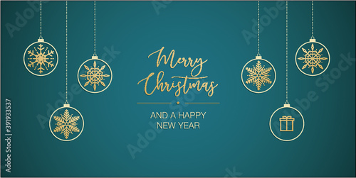 Weihnachtsdesign für Grußkarten, türkis mit goldenen Schneekristallen als Baumschmuck, Vektor Banner, Wallpaper 