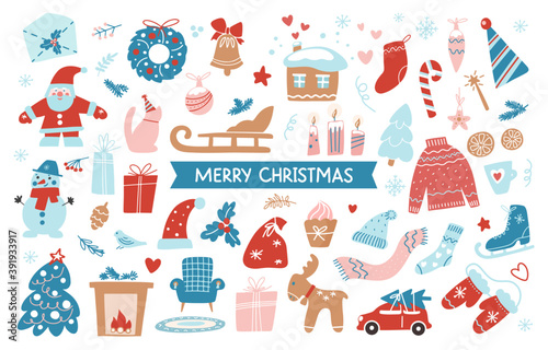 Set of Merry Christmas hand drawing objects isolated on white background. Vector flat illustration. Hand drawn  collection of Christmas winter symbols for banner, greeting card, flyer, stickers