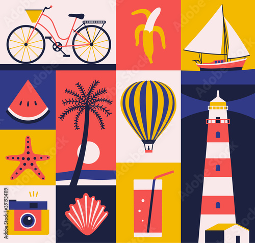 Vector summer illustration, flat icon set, travel poster, background. Palm tree, shell, lighthouse, aerostat, bicycle, starfish, banana, cocktail, boat, watermelon, photo camera.
