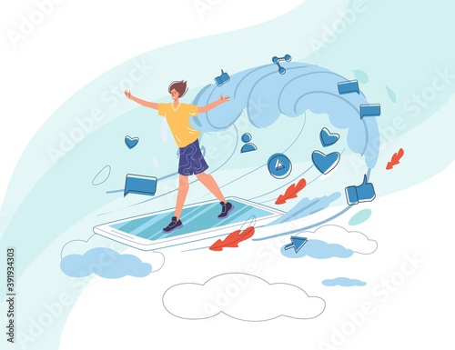 Cartoon flat character surfing internet - global worldwide content,web chat,social media service,online education,messenger communication,freelance remote work concept