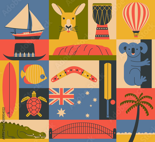 Vector illustration icon set of Australia. Boat, kangaroo, drum, balloon, surfing, fish, boomerang, cricket, koala, palm tree, bridge, turtle, crocodile.