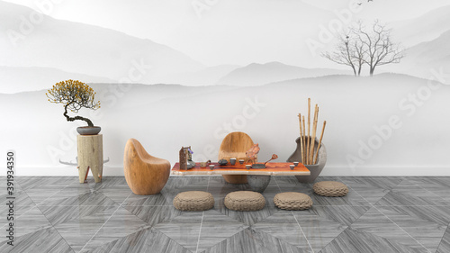 Simple and fresh Zen Chinese classical style interior home design layout background picture