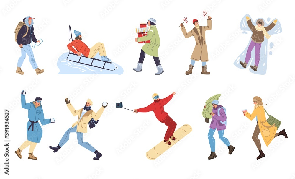 Set of cartoon flat characters doing winter activities,walking outdoor-different sports,poses,emotions,lifestyle concept