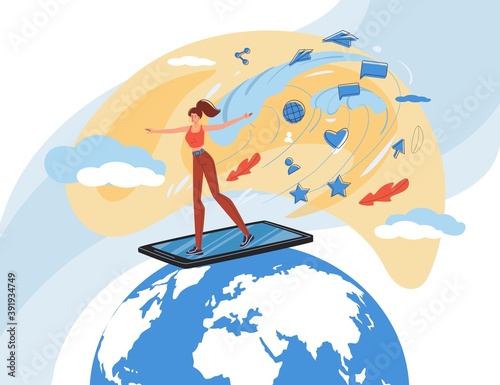 Cartoon flat character surfing internet - global worldwide content,web chat,social media service,online education,messenger communication,freelance remote work concept