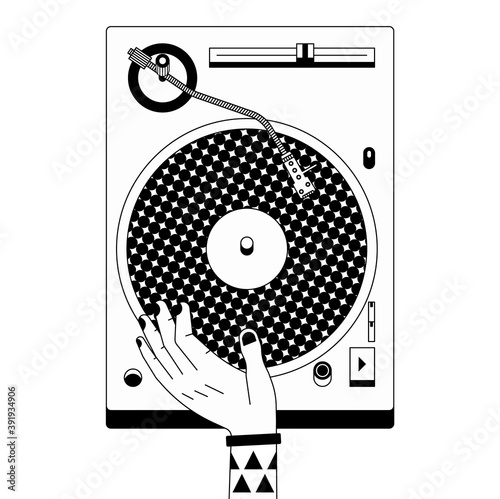 Vector black and white outline illustration of dj mixer. Music record and sketching hand.
