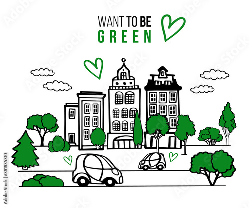 Modern green doodle town. Cityscape nature line. Simple cute vector concept. Forest green in the city. Park car sketch. Hand drawn auto transport co2 exhaust illustration. Black outline tree. Eco fuel