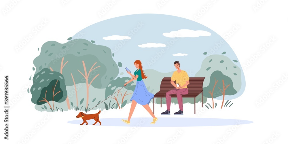 Naklejka premium Cartoon flat characters surfing internet outdoor - web chat,social networking service,online education,messenger communication,freelance remote work concept