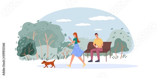 Cartoon flat characters surfing internet outdoor - web chat,social networking service,online education,messenger communication,freelance remote work concept