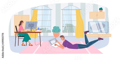Cartoon flat character surfing internet indoor at home interior - web chat,social networking service,online education,messenger communication,freelance remote work concept