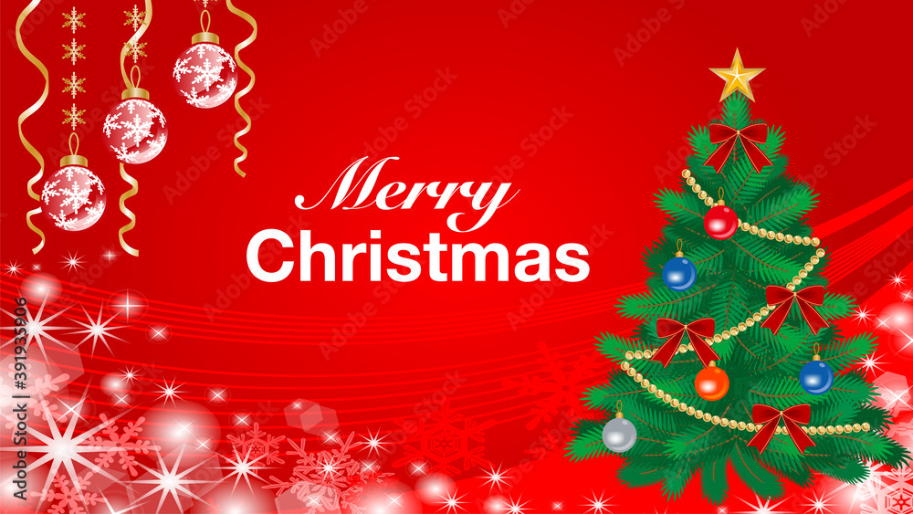Green Christmas tree and ornament background - Red, Included greeting words 