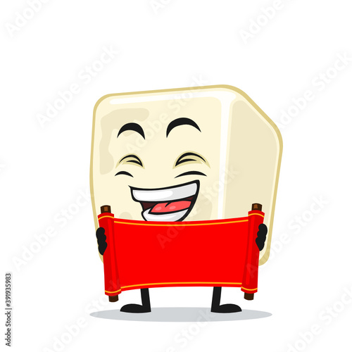 vector illustration of tofu mascot or character holding blank red scroll