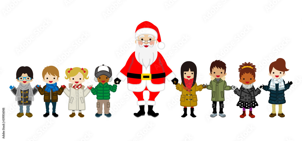 Santa claus and multi-ethnic children - white background