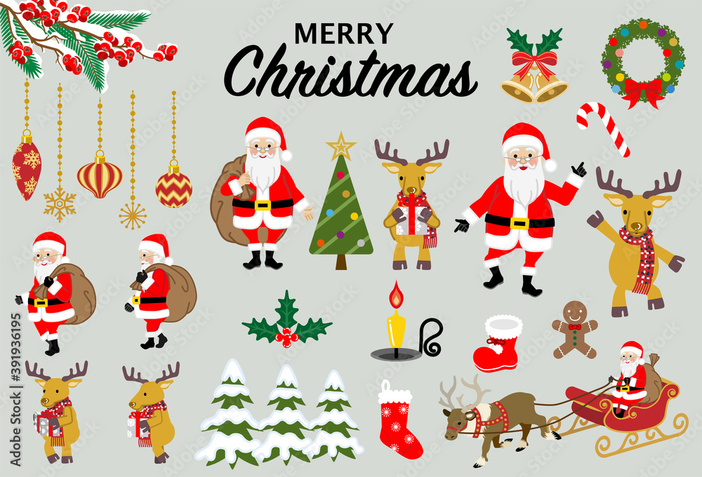 Christmas cartoon icon set - santa claus and reindeer, various ornament