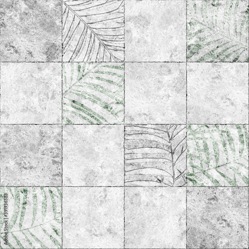 Wallpaper Mural Decorative stone tiles with tropical leaves pattern and natural marble texture. Element for design. Background texture Torontodigital.ca