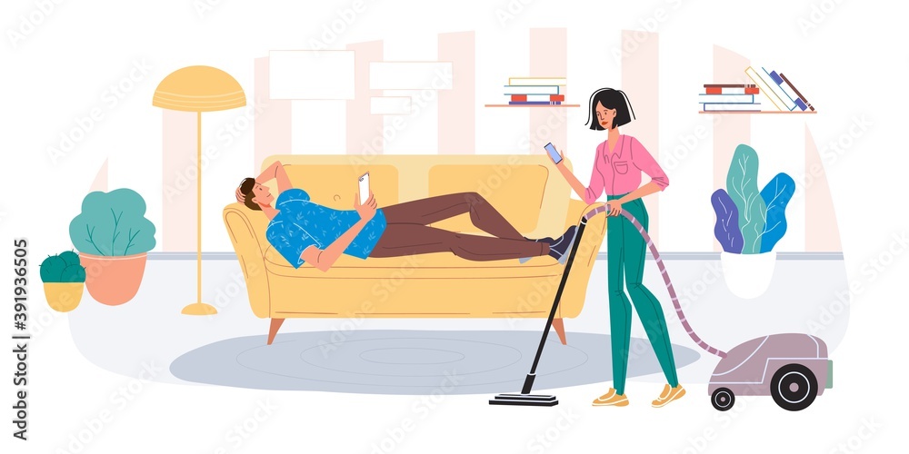 Fototapeta premium Cartoon flat characters surfing internet indoor at home interior - web chat,social networking service,online education,messenger communication,freelance remote work concept