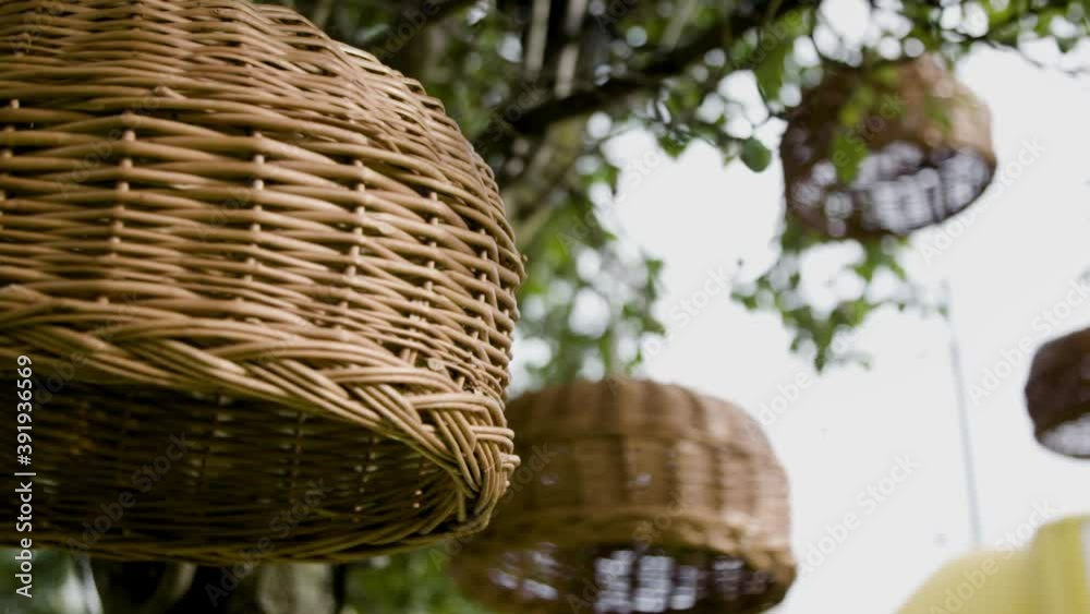 Slow motion tree hanging decoration. Wicker basket lamp