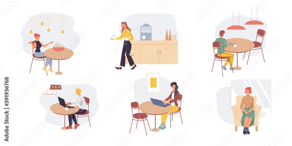 Set of cartoon flat characters office workers,busy employees,freelancers doing business and various things at home or office workplace. Workflow of business and self-employed people concept Set of cartoon flat characters office workers,busy employees,freelancers doing business and various things at home or office workplace. Workflow of business and self-employed people concept