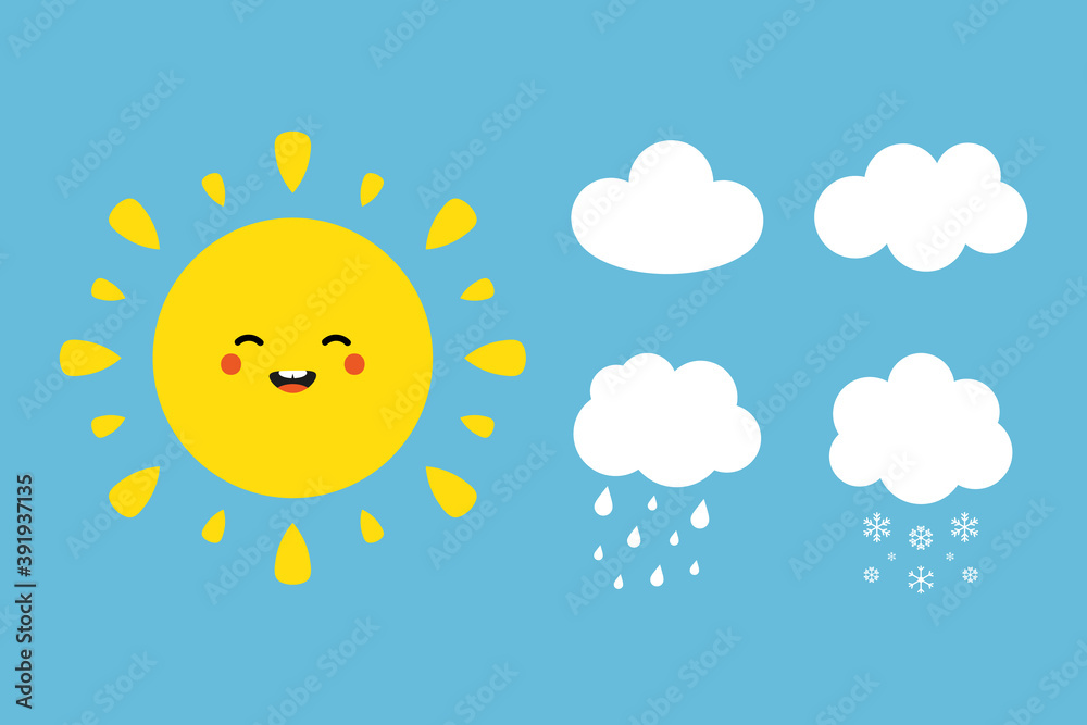 Cute cartoon style sun character with set, collection of clouds.