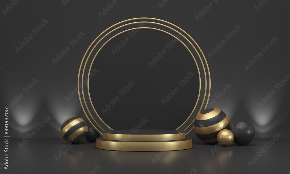 3D rendering. Black Friday. Empty black stand with gold on a black background. Illustrations for advertising. Abstract minimal concept. 3D rendering. Black Friday. Empty black stand with gold on a black background. Illustrations for advertising. Abstract minimal concept.
