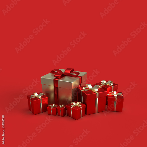 Red and golden Christmas gifts on red background. 3d render